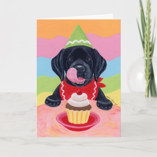 Cartão Black Lab Puppy Birthday Cupcake Painting (Frente)