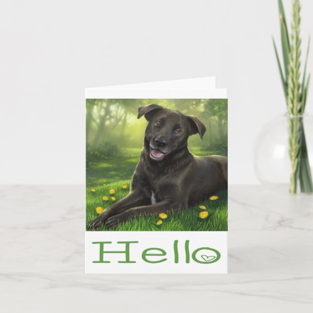 Cartão Black Labrador Retriever Puppy Dog Green Hello (Frente)