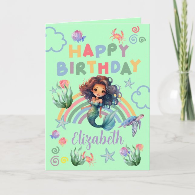 Cartão Black Mermaid Birthday Card in Green (Frente)