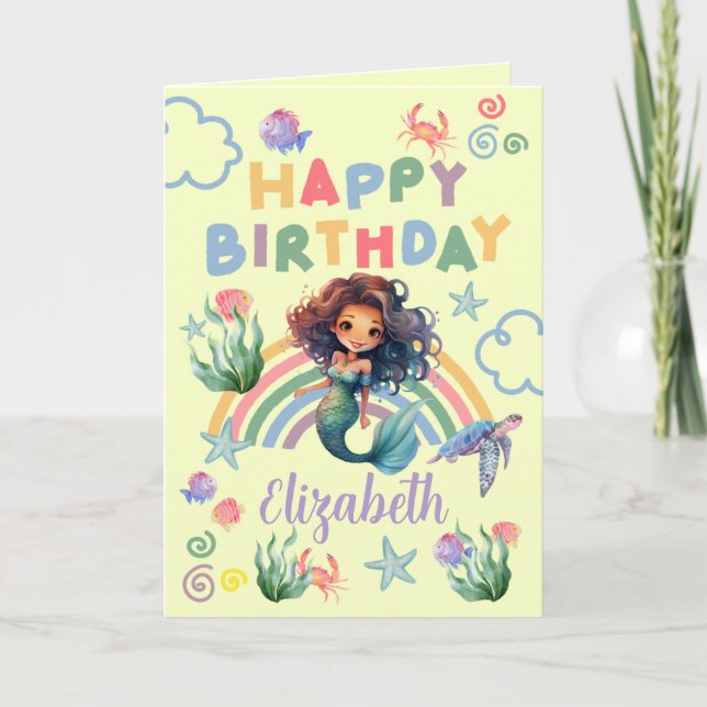 Cartão Black Mermaid Birthday Card in Yellow (Frente)