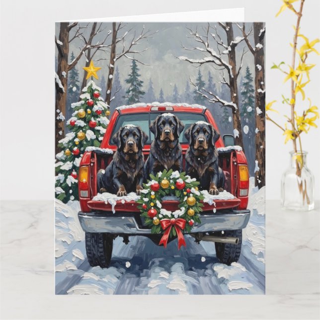 Cartão Black Newfoundland Christmas Red Truck Holiday (Flor Amarela)