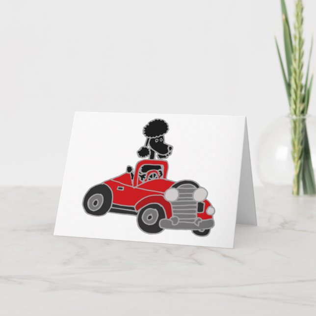 Cartão Black Poodle Driving Red Convertible Car (Frente)