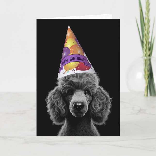 Cartão Black Poodle Head Party Hat with Happy Birthday  (Frente)