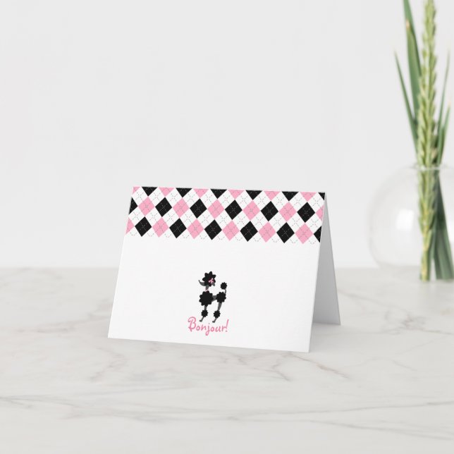 Cartão Black Poodle Pink & Black Argyle Notecard (Frente)