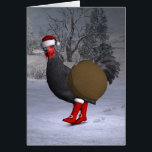 Cartão Black Rooster Santa Claus<br><div class="desc">o pai natal ganhou uma galinha bonitinha como ajudante este ano - alegremente batendo com botas vermelhas e chapéu através da neve no inverno</div>