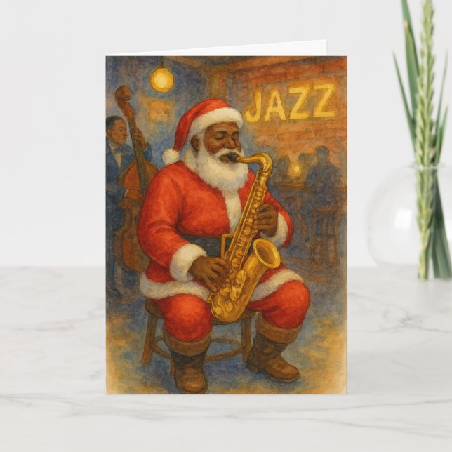 Cartão Black Santa Jazz Saxophone Christmas Card (Frente)