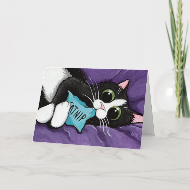 Cartão Black & White Cat with Catnip Pillow - Cat Art (Frente)
