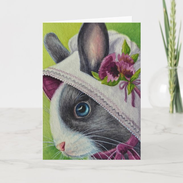 Cartão Black White Dutch Rabbit in Bonnet Watercolor Art (Frente)