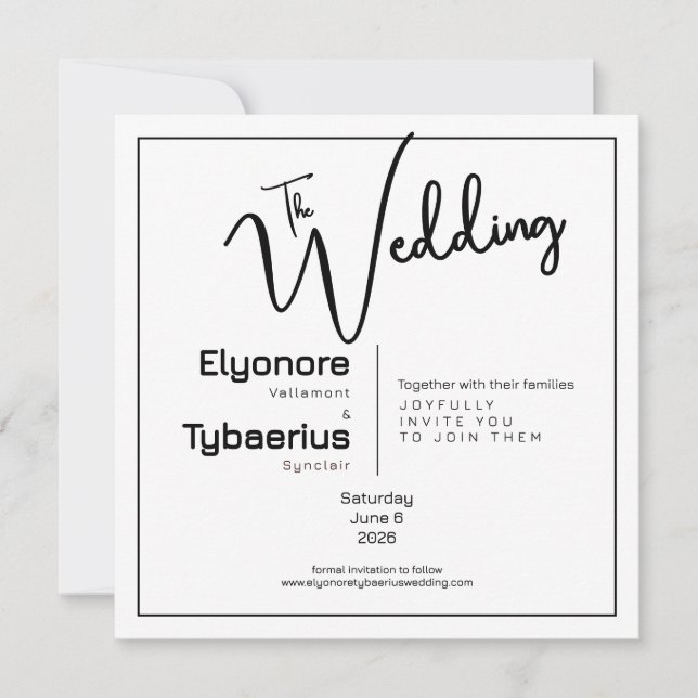 Cartão Black & White Minimal Square Wedding Invitation (Frente)