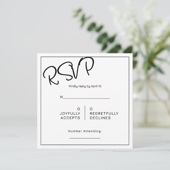 Cartão Black& White Minimal Square Wedding RSVP (Em pé/Frente)