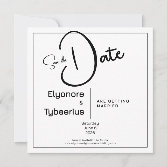 Cartão Black & White Minimal Square Wedding Save the Date (Frente)