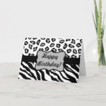 Cartão Black & White Zebra & Cheeta Skin Happy Birthday<br><div class="desc">Say Happy Birthday with this card of colorful zebra stripes and cheetah skins. Wild animal skins for graphic design is one of the hottest art and design trends, and is extremely popular from fashion to home decor. This sophisticated black and and white with grey zebra and cheetah print collection is...</div>
