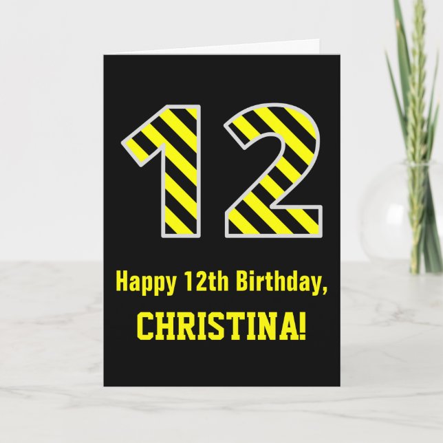 Cartão Black & Yellow Striped "12"; 12 Birthday + Name (Frente)