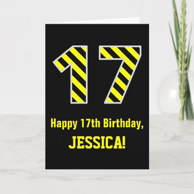 Cartão Black & Yellow Striped "17"; 17th Birthday + Name (Frente)