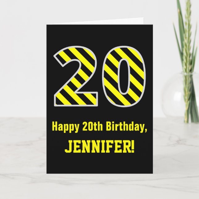 Cartão Black & Yellow Striped "20"; 20 Birthday + Name (Frente)