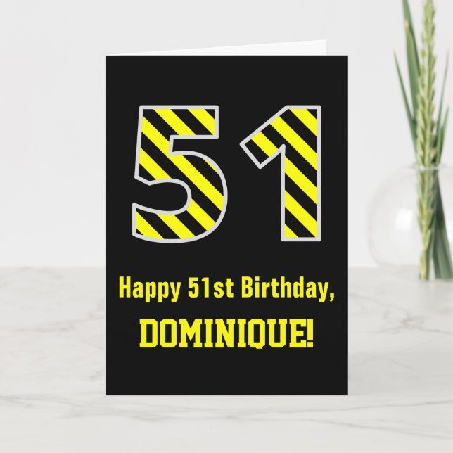 Cartão Black & Yellow Striped "51"; 51st Birthday + Name (Frente)