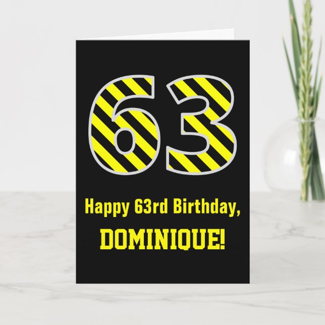 Cartão Black & Yellow Striped "63"; 63rd Birthday + Name (Frente)