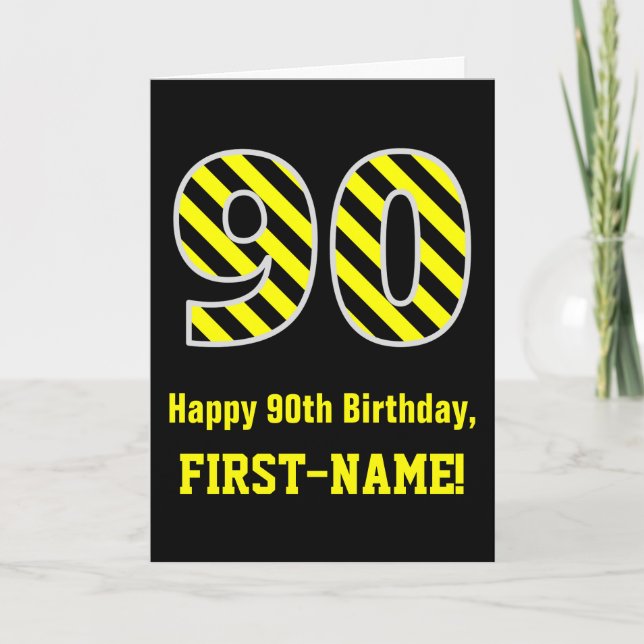 Cartão Black & Yellow Striped "90"; 90 Birthday + Nome (Frente)