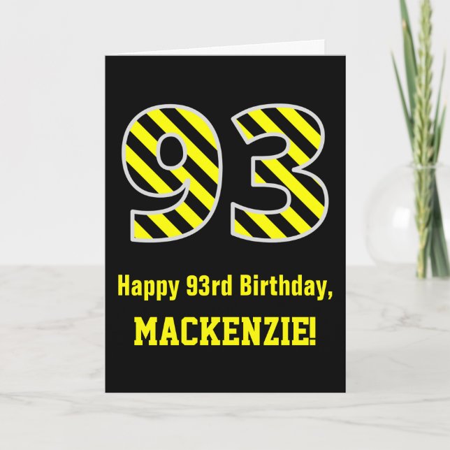 Cartão Black & Yellow Striped "93"; 93rd Birthday + Name (Frente)