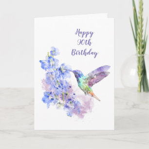 Cartão Blank 90th Birthday Hummingbird Bird Delphiniums