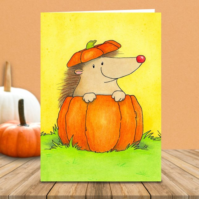Cartão Blank Cute Hedgehog in Pumpkin Fall  (Criador carregado)