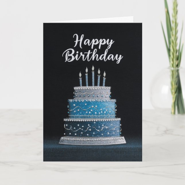 Cartão BLANK INSIDE: Blue & Silver Birthday Cake Design (Frente)