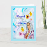 Cartão Blessed Birthday Religious Greeting Card<br><div class="desc">Blank card waiting for your desired message for that loved one who is enjoying their Birthday ...  again! Compose your own with your creative skills,  write your personal message on this religious card with an image of the Blessed Mother,  flowers and a hint of a chevron background.</div>