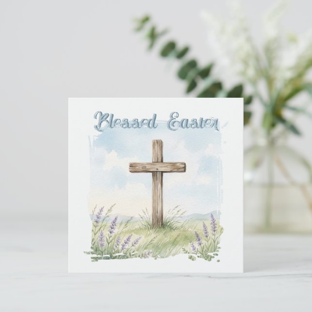 Cartão Blessed Easter Watercolor Easter Cross Greeting (Em pé/Frente)
