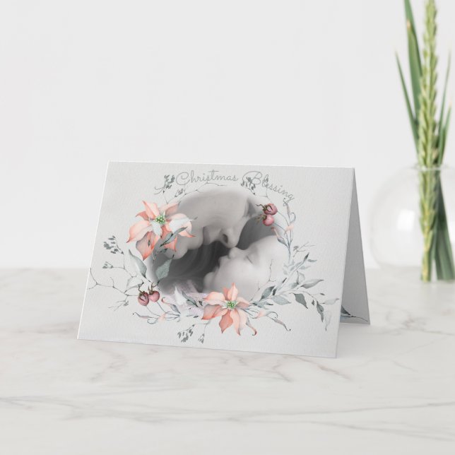 Cartão Blessing Watercolor Poinsettias  Photo Wreath (Frente)