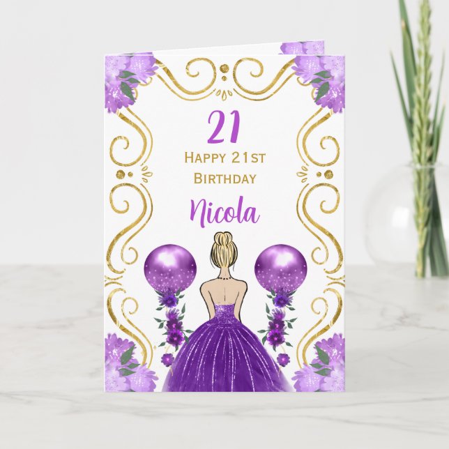 Cartão Blona Princesa Roxo Feliz Aniversário (Frente)