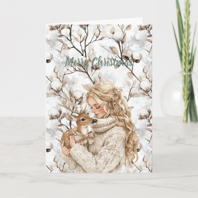 Cartão Blond Hair Girl with Deer Christmas (Frente)