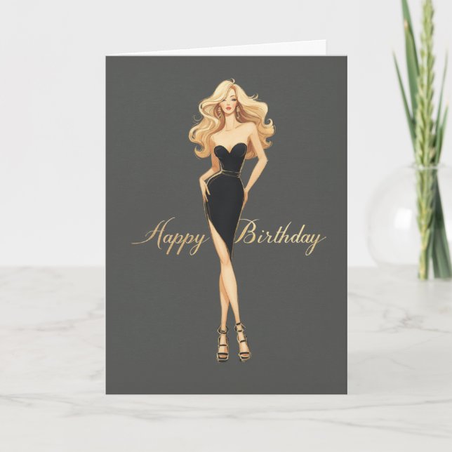 Cartão Blonde Girl Black Dress Glam Fashionista BDay (Frente)
