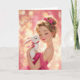 Cartão Blonde Girl in Hot Pink w/ Cute White Bunny BDay
