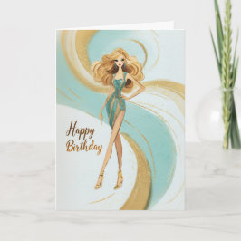 Cartão Blonde Girl in Teal Gold Glam Fashionista Birthday