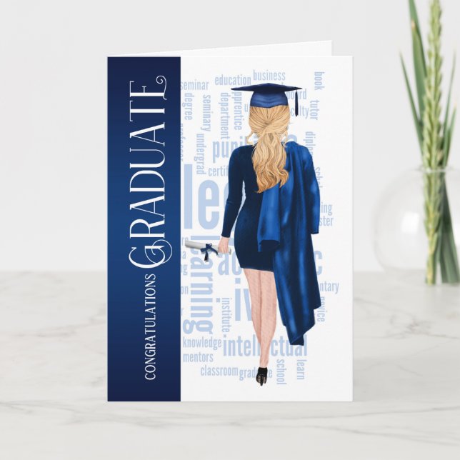 Cartão Blonde Hair Blue Cap and Gown Female Graduate (Frente)