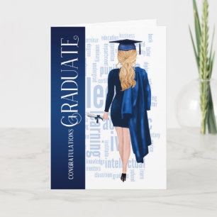 Cartão Blonde Hair Blue Cap and Gown Female Graduate