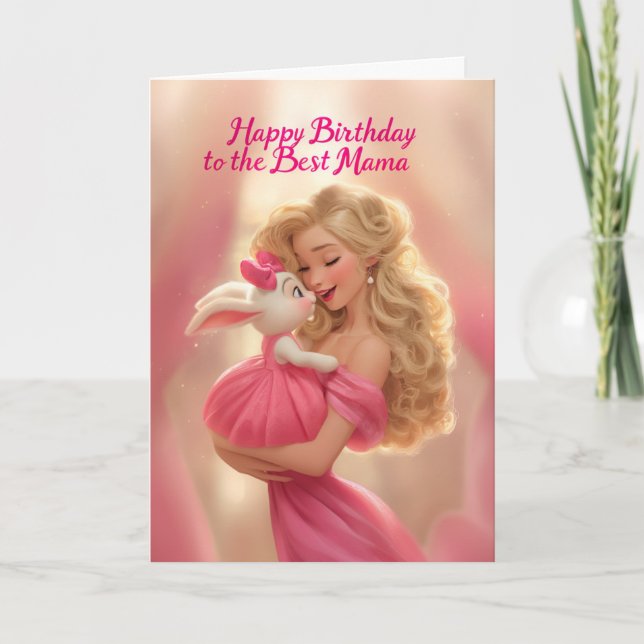 Cartão Blonde Mother w/ Baby Bunny in Hot Pink Birthday (Frente)