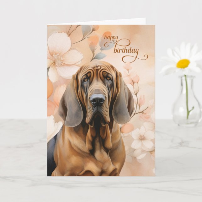 Cartão Bloodhound Dog Soft Peach Blossoms Birthday (Planta pequena)