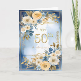 Cartão Blue and White Watercolor 50th Wedding Anniversary