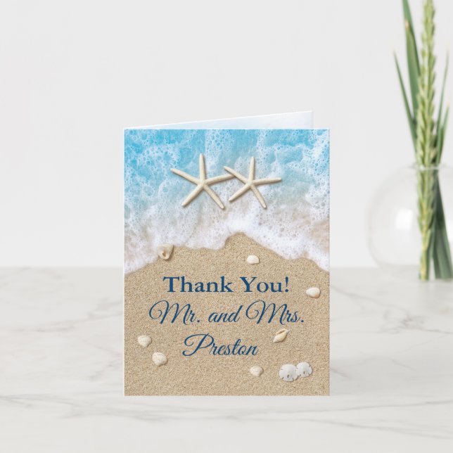 Cartão Blue Beach Waves & Starfish Photo Thank You Card (Frente)