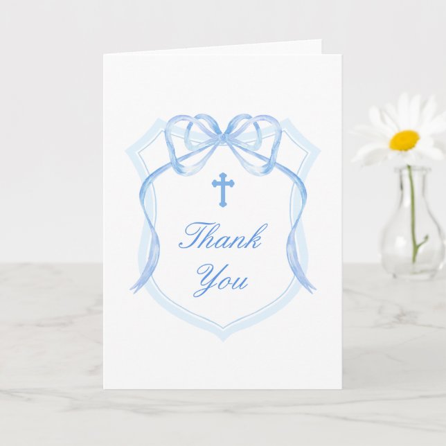 Cartão Blue Bow Crest Holy Cross Religious Thank You (Planta pequena)