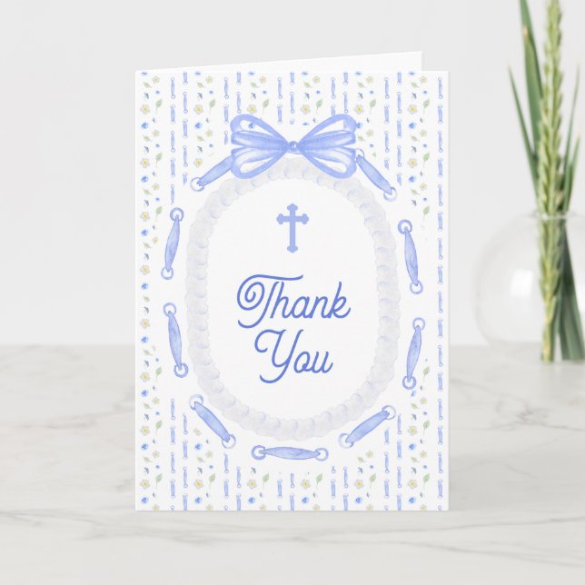 Cartão Blue Bow Ribbon Frame Floral Religious Thank You (Frente)
