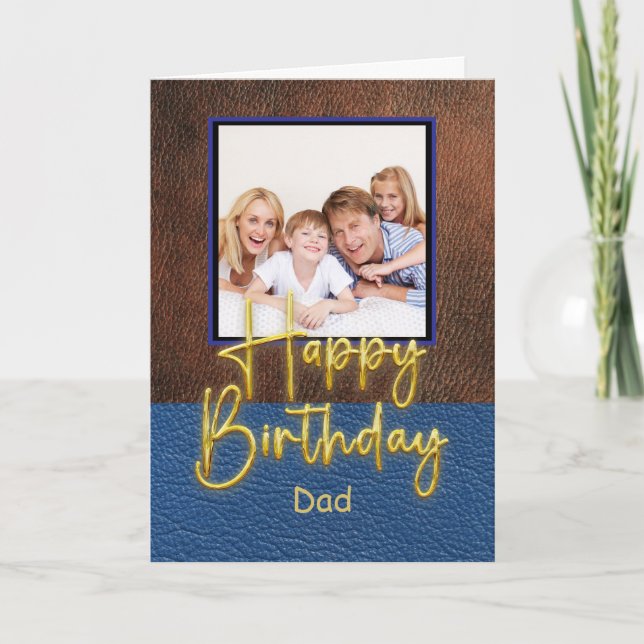 Cartão Blue & Brown leather Gold Script Dad Birthday (Frente)