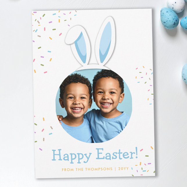Cartão Blue Bunny Ears With Sprinkles Easter Photo (Criador carregado)