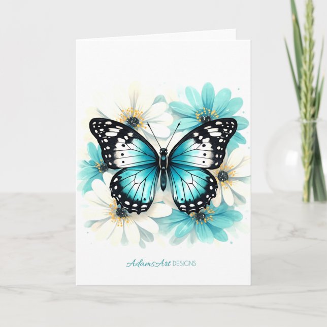 Cartão Blue Butterfly & Aqua Floral Watercolor (Frente)