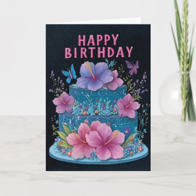 Cartão Blue Cake with Pink Hibiscus Birthday Greeting Car (Frente)