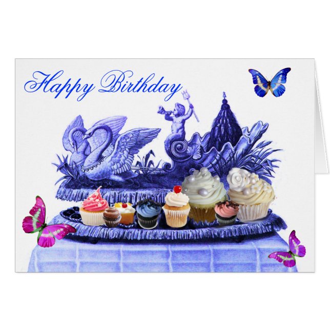 CARTÃO BLUE CHARIOT OF SWANS AND CUPCAKES HAPPY BIRTHDAY (Frente Horizontal)