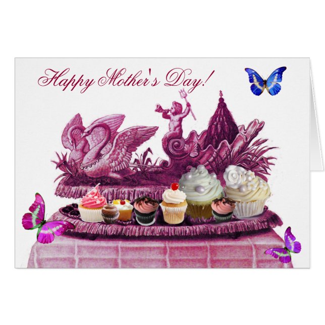 CARTÃO BLUE CHARIOT OF SWANS AND CUPCAKES MOTHER'S DAY (Frente Horizontal)