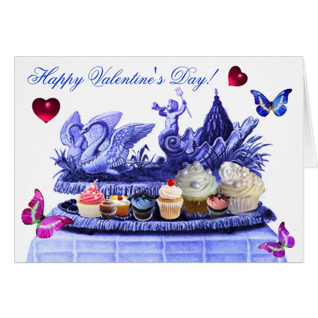 CARTÃO BLUE CHARIOT,SWANS,CUPCAKES VALENTINE'S DAY HEARTS (Frente Horizontal)