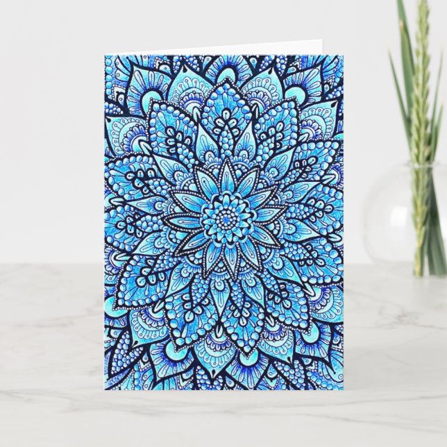 Cartão Blue Color Pencil Mandala Design Original Art  (Frente)